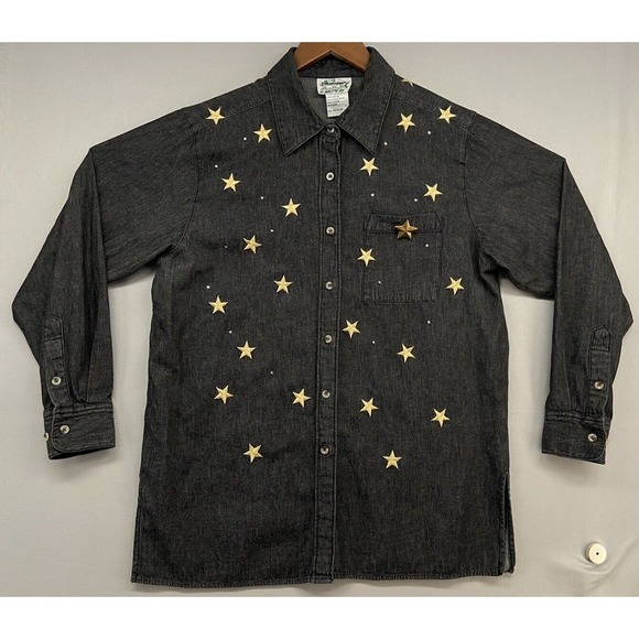 VTG‎ Quacker Factory Denim Button Shirt M-Black-Embroidered Gold Stars Texas 4th - Picture 1 of 16